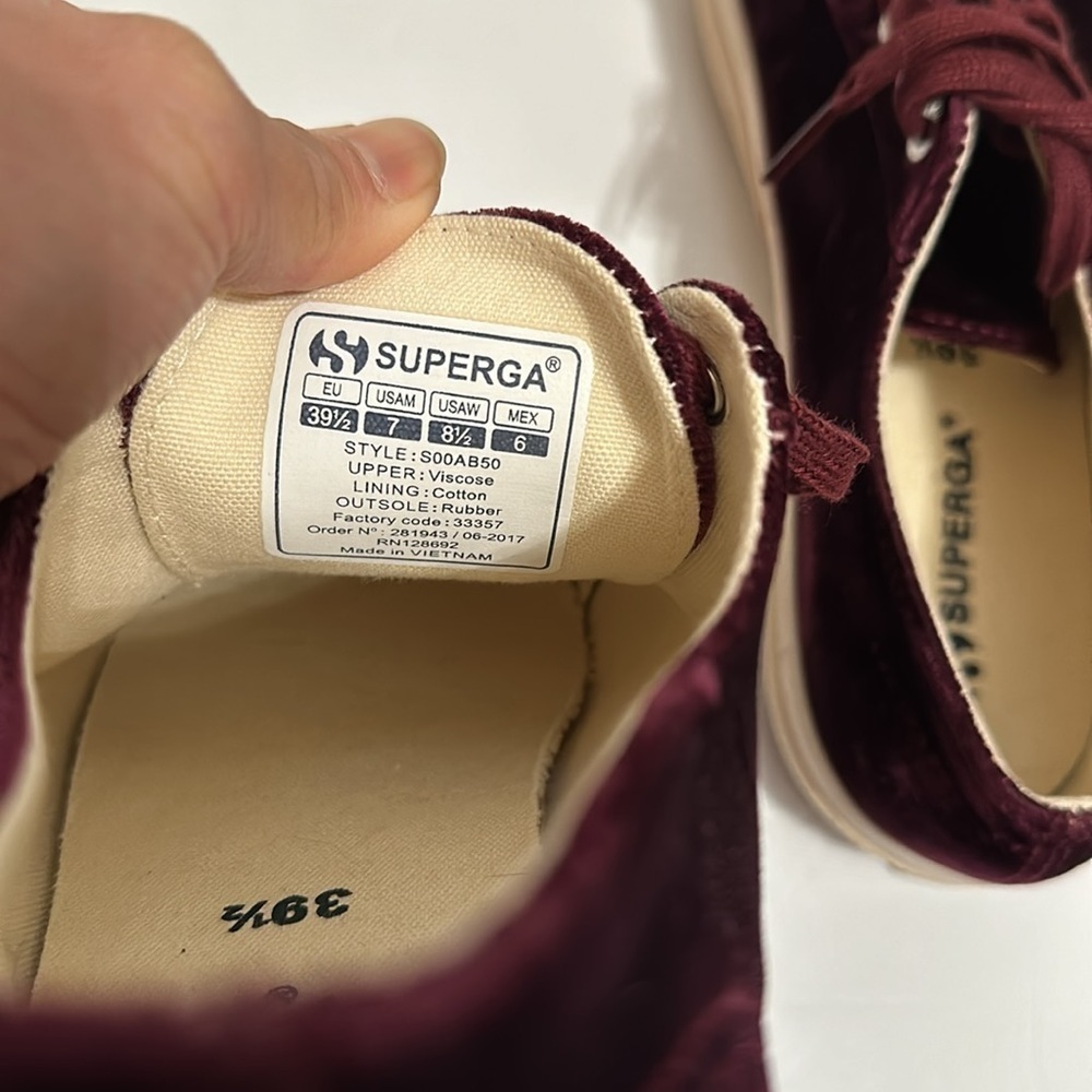 Superga Velvet Classic Sneakers Bordeaux Burgundy Sz 8.5 Luxe Street Style - Picture 6 of 7